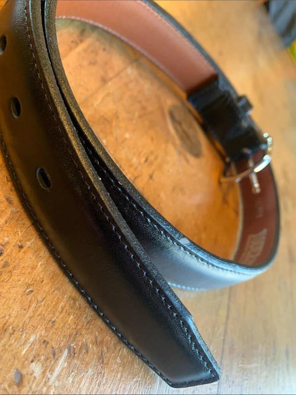 Men's Black Leather Belt with Polished Silver Buckle